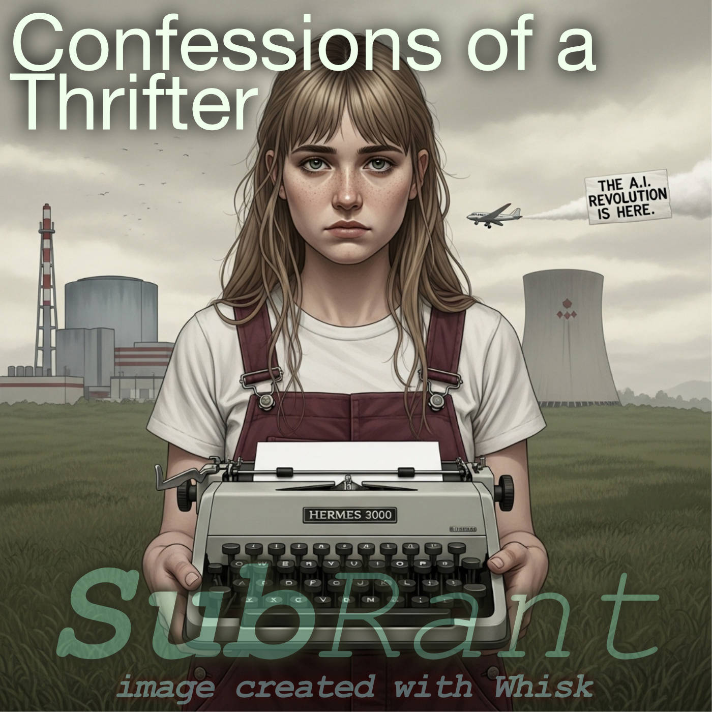 woman holding a typewriter with a nuclear plant in the background