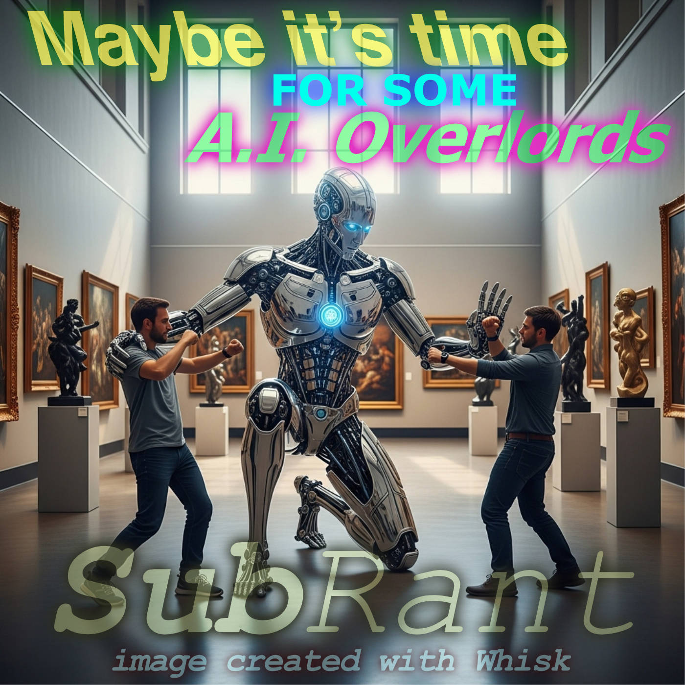 Giant AI overlord kneeling down over two humans fighting, trying to stop them fighting