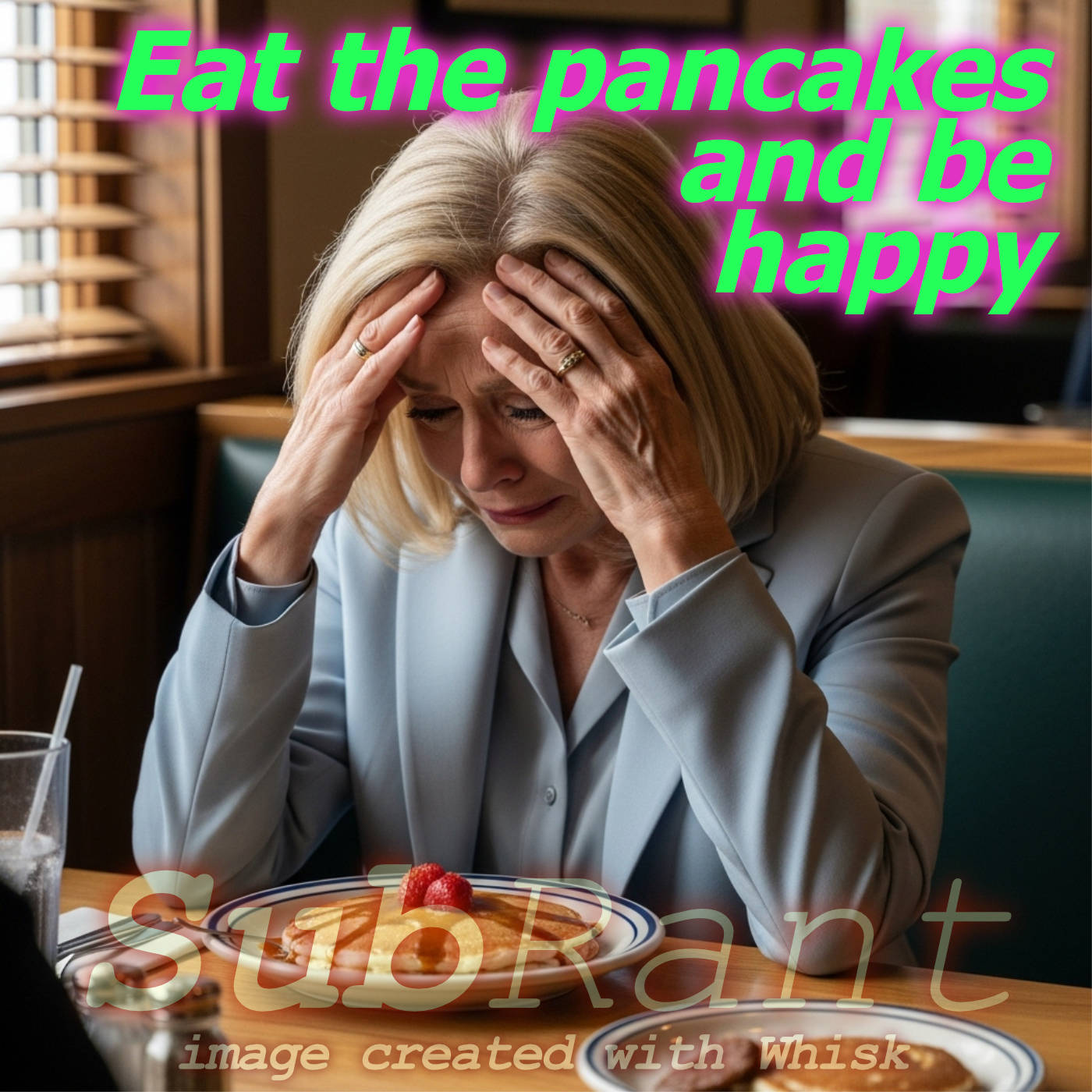 60 year old woman with head in hands crying sitting at a table in a Cracker Barrel restaurant with a plate of pancakes - image created with Google Whisk AI