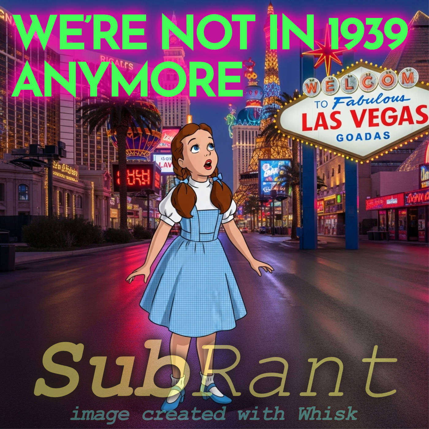 Dorothy from the Wizard of Oz looking up and around at the sights of Las Vegas